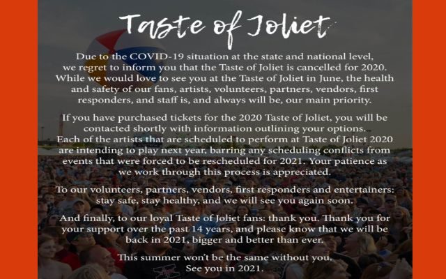 Taste of Joliet Cancelled This Year But Same Line-up Booked For 2021